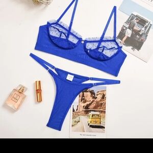 Sheer Lace Triangle Bralette & High-Cut Thong Set - Blue